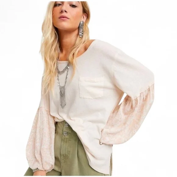 WE THE FREE Jade Balloon Patchwork Long Sleeve Pocket Tee - XS - Picture 2 of 9